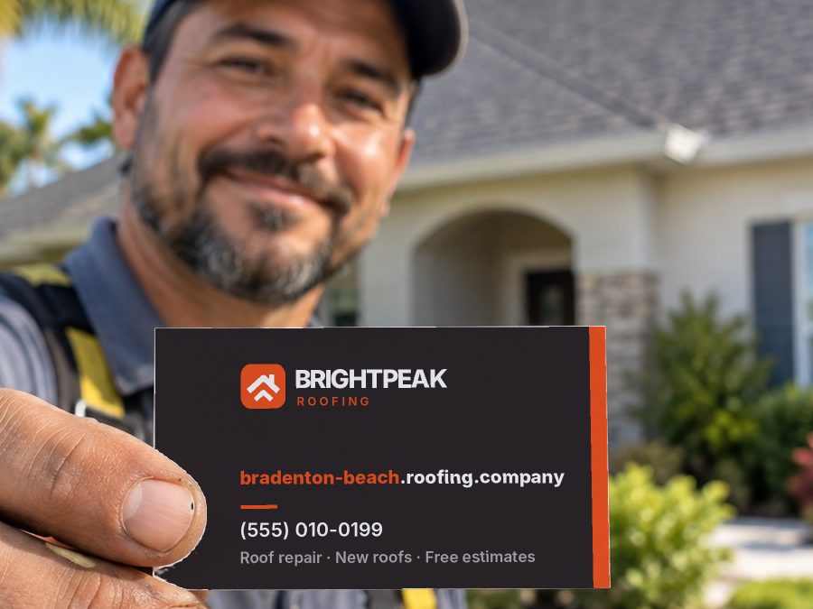 bradenton-beach.roofing.company on a roofer's business card