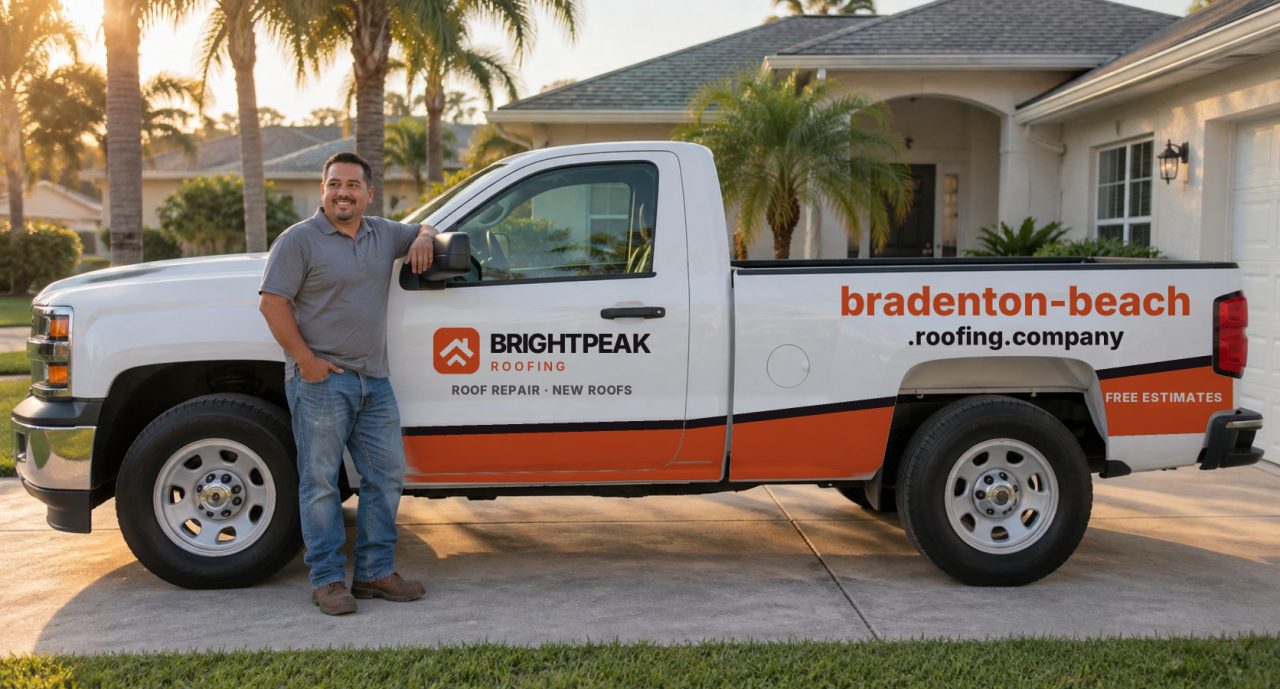 bradenton-beach.roofing.company painted on the side of a white work truck