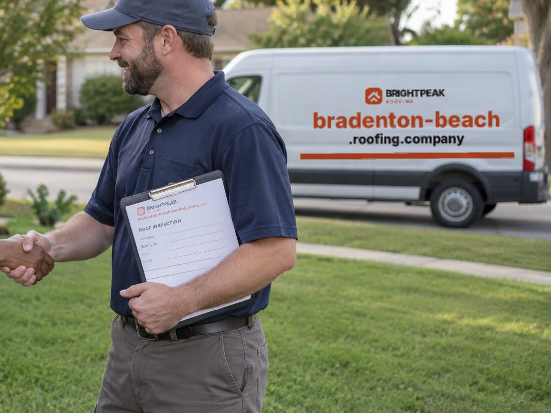 bradenton-beach.roofing.company on a roofing van and an inspection form